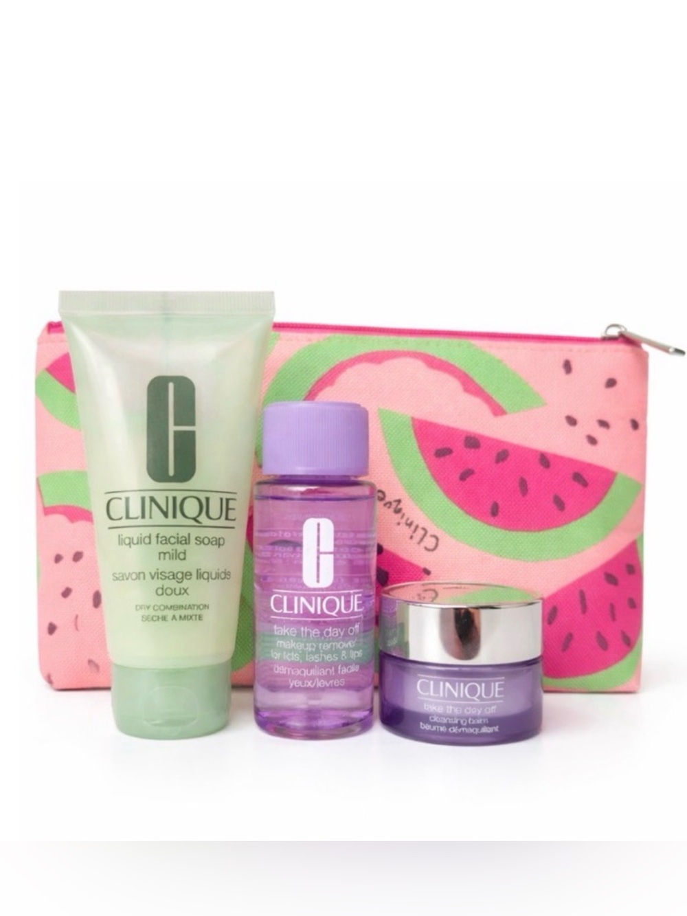 Clinique 4pc Travel Size Skincare Set w/ Watermelon Makeup Bag
